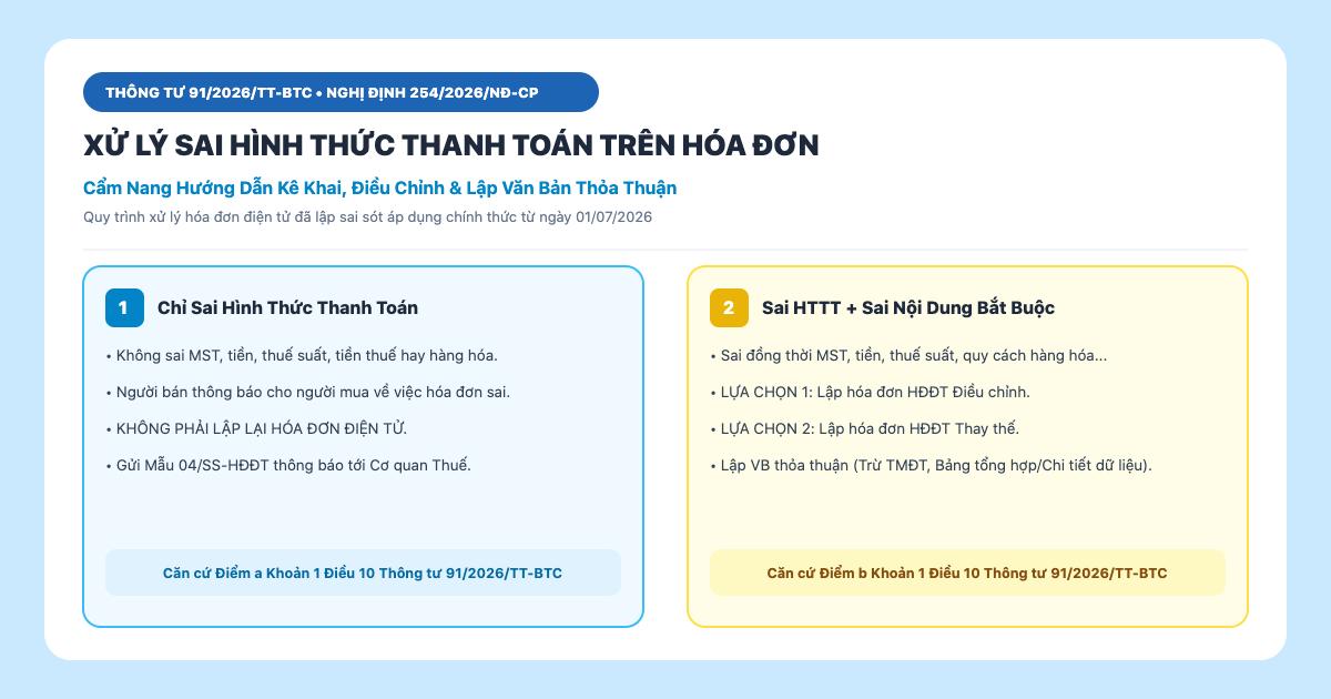 Xử lý hóa đơn điện tử sai hình thức thanh toán TT 91